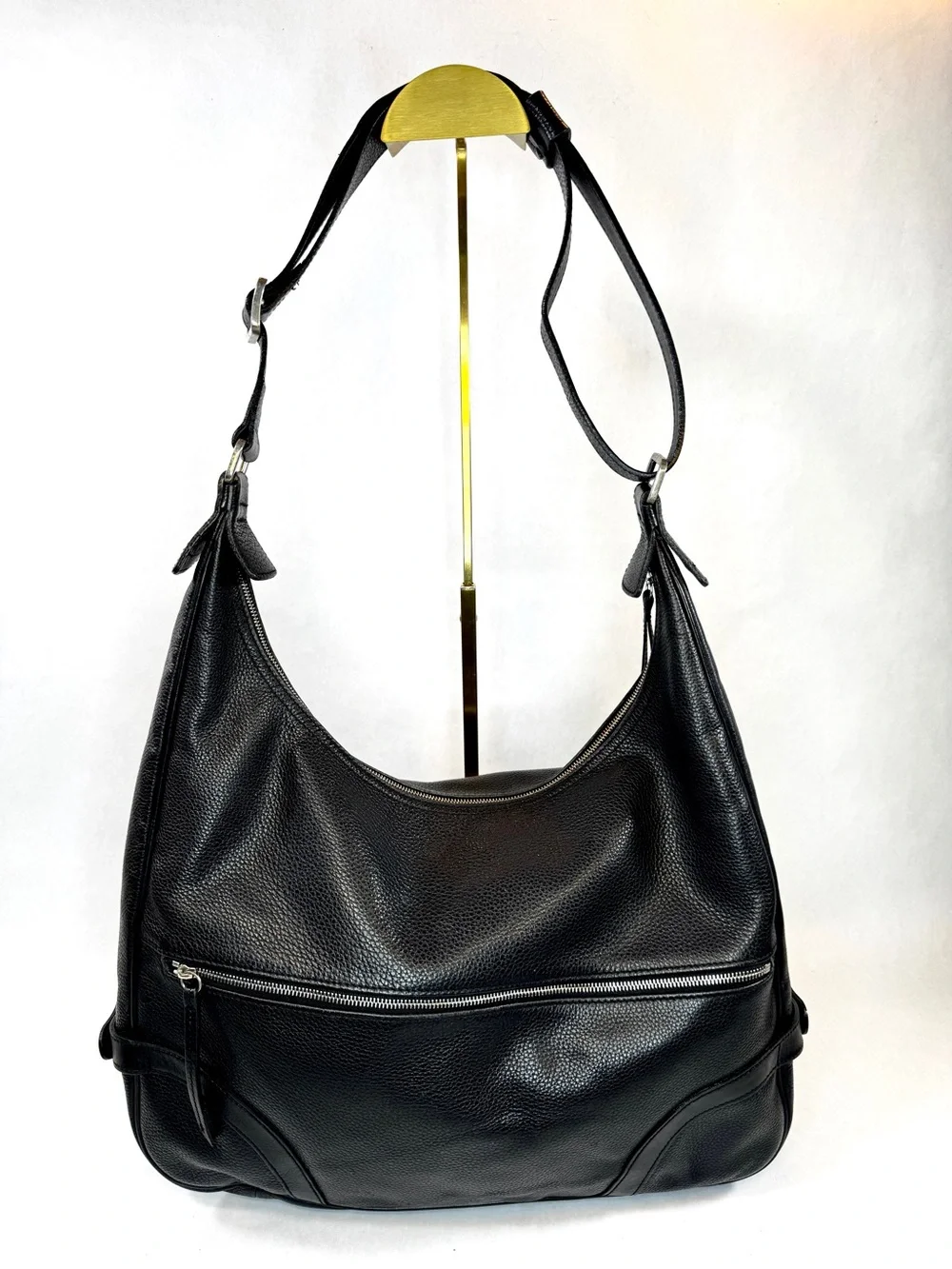 Longchamp Black Pebbled Leather Hobo Shoulder Bag Silver Hardware Large
